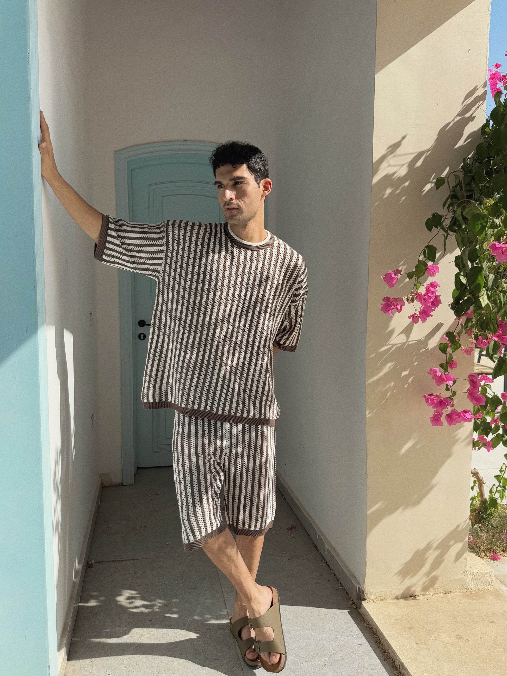 KNIT STRIPPED SET - WHITE X CAFE