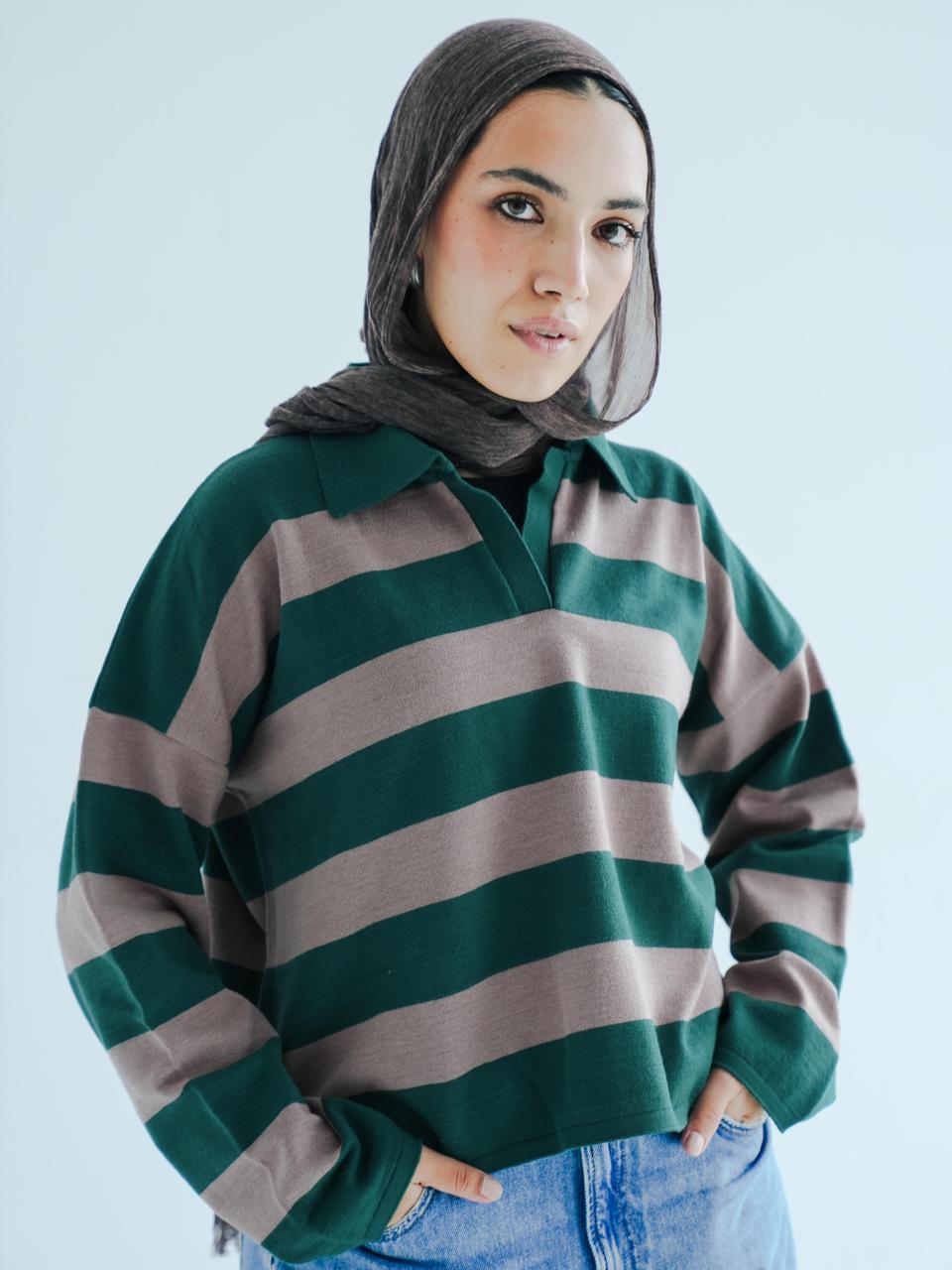 SOFT STRIPE PULLOVER - GREEN X CAFE