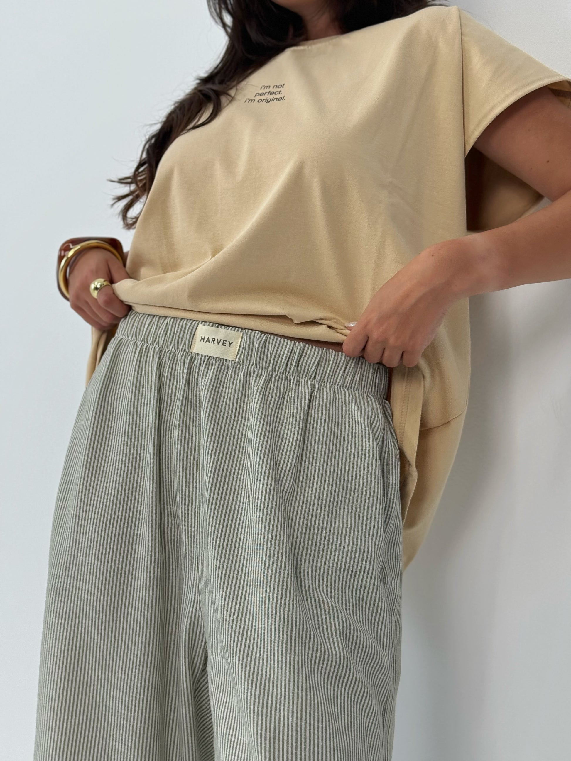 STRIPPED LINEN PANTS - OLIVE