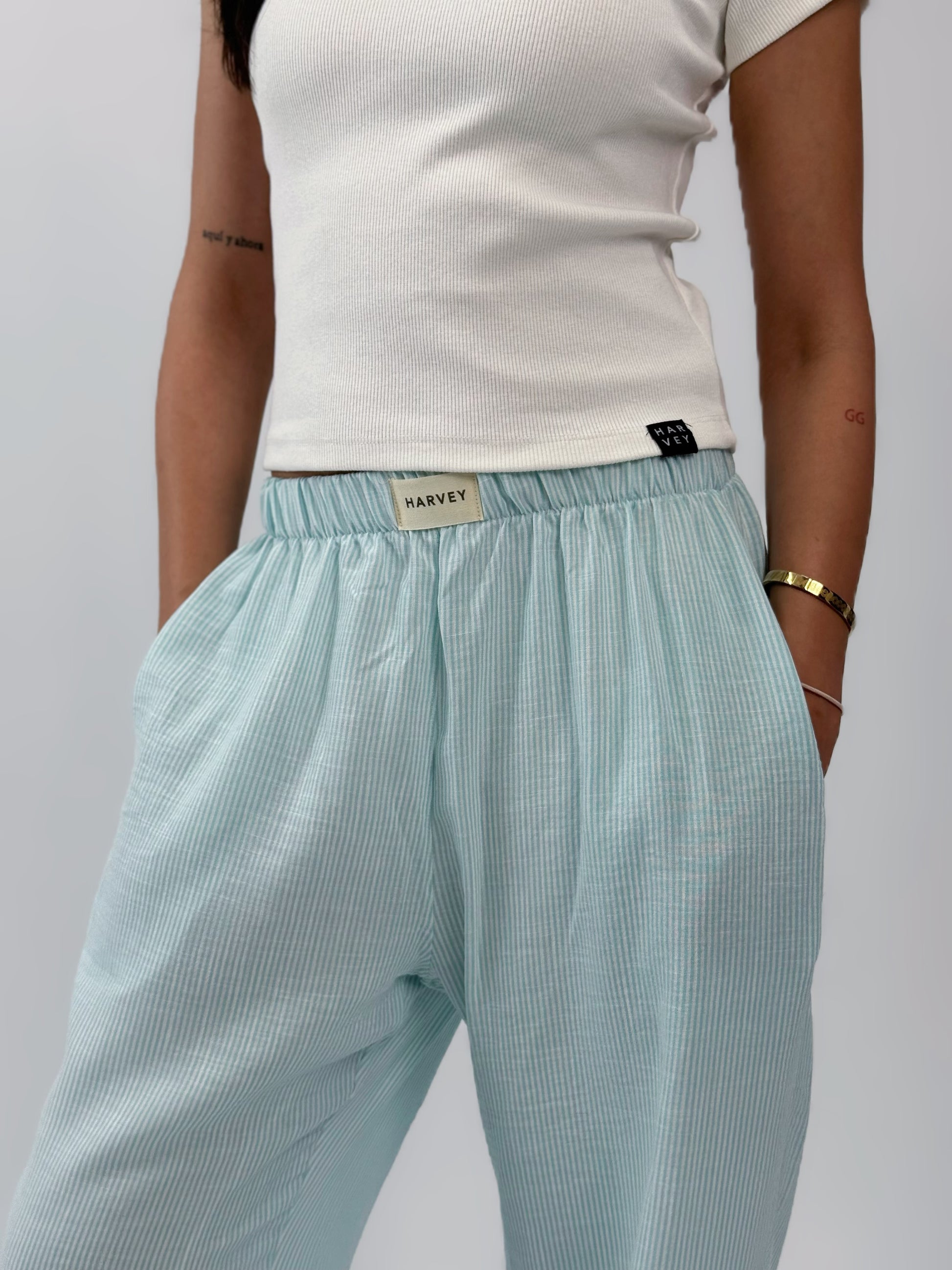 STRIPPED LINEN PANTS - TURQUOISE