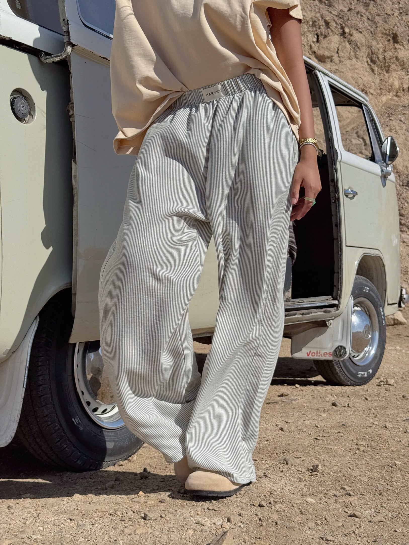 STRIPPED LINEN PANTS - OLIVE