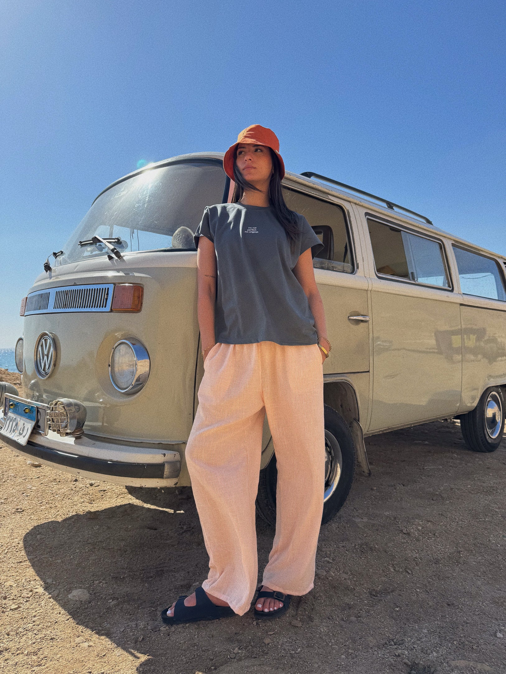 STRIPPED LINEN PANTS - ORANGE