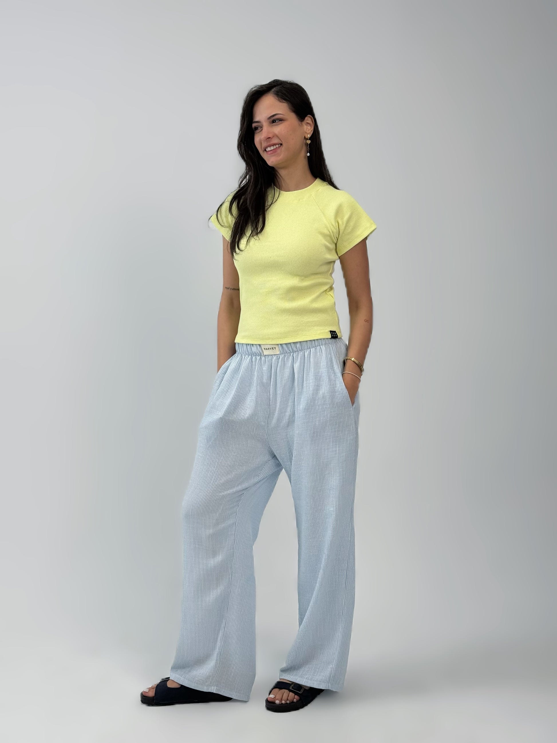 STRIPPED LINEN PANTS - BABY BLUE