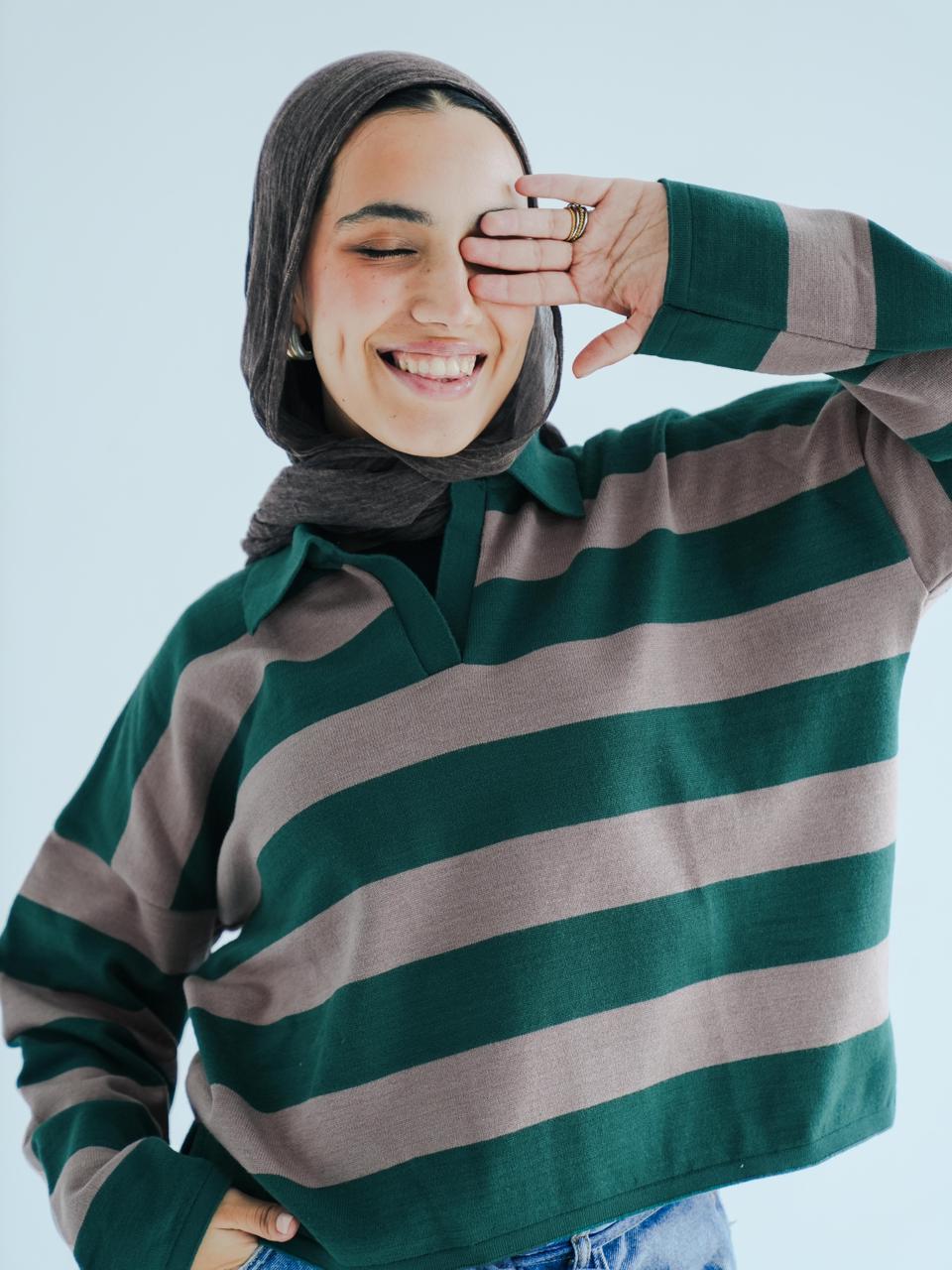 SOFT STRIPE PULLOVER - GREEN X CAFE