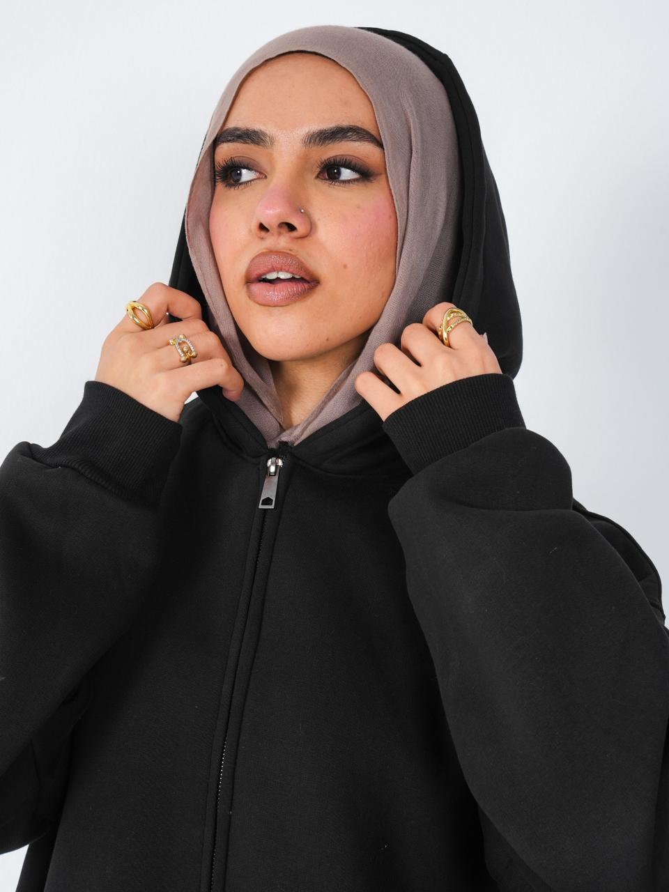 HOODIE DRESS WITH ZIPPER - BLACK