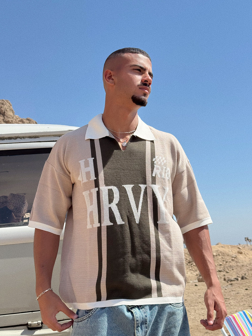 KNIT POLO TEE - BEIGE x OLIVE
