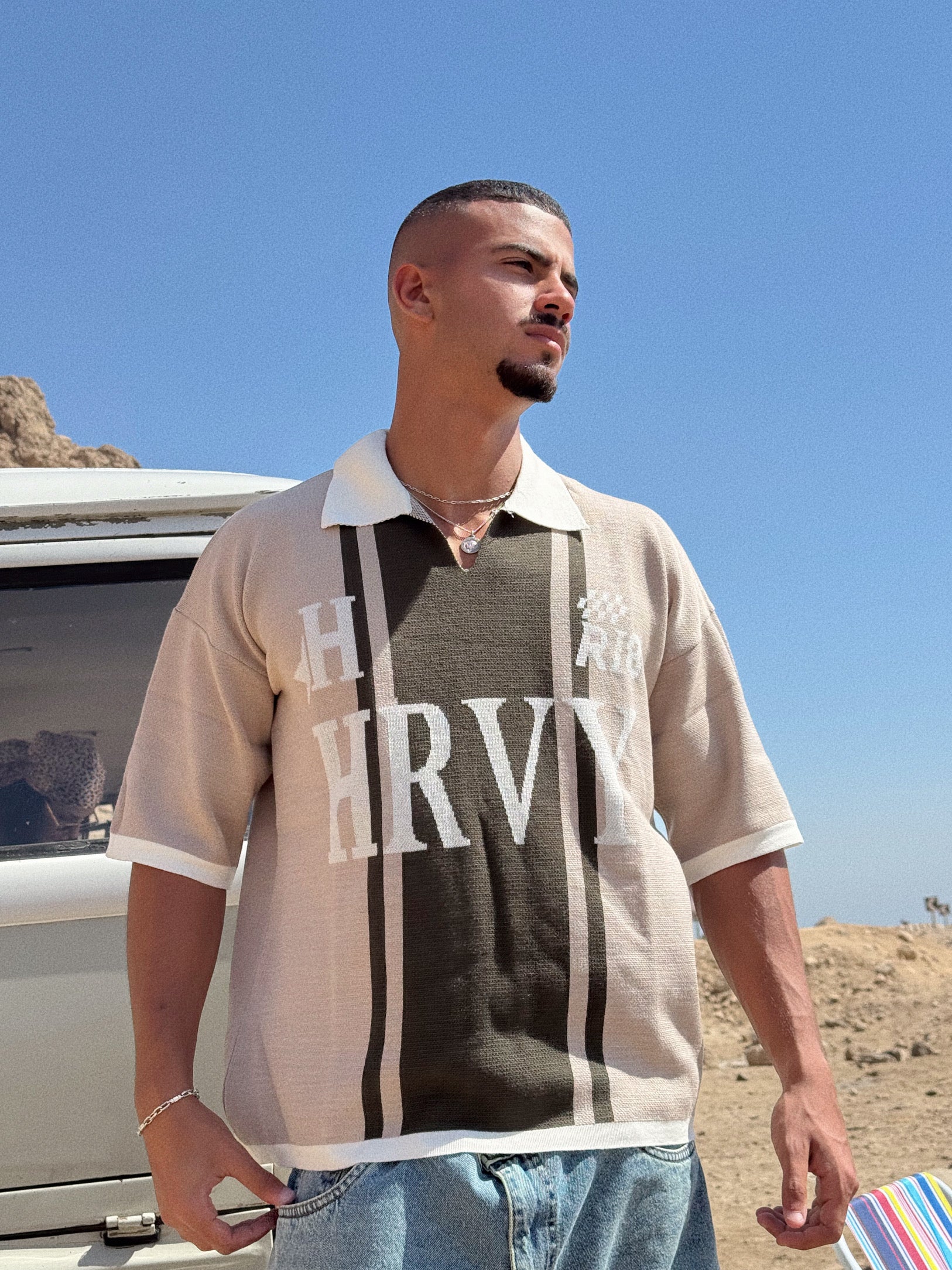 KNIT POLO TEE - BEIGE x OLIVE