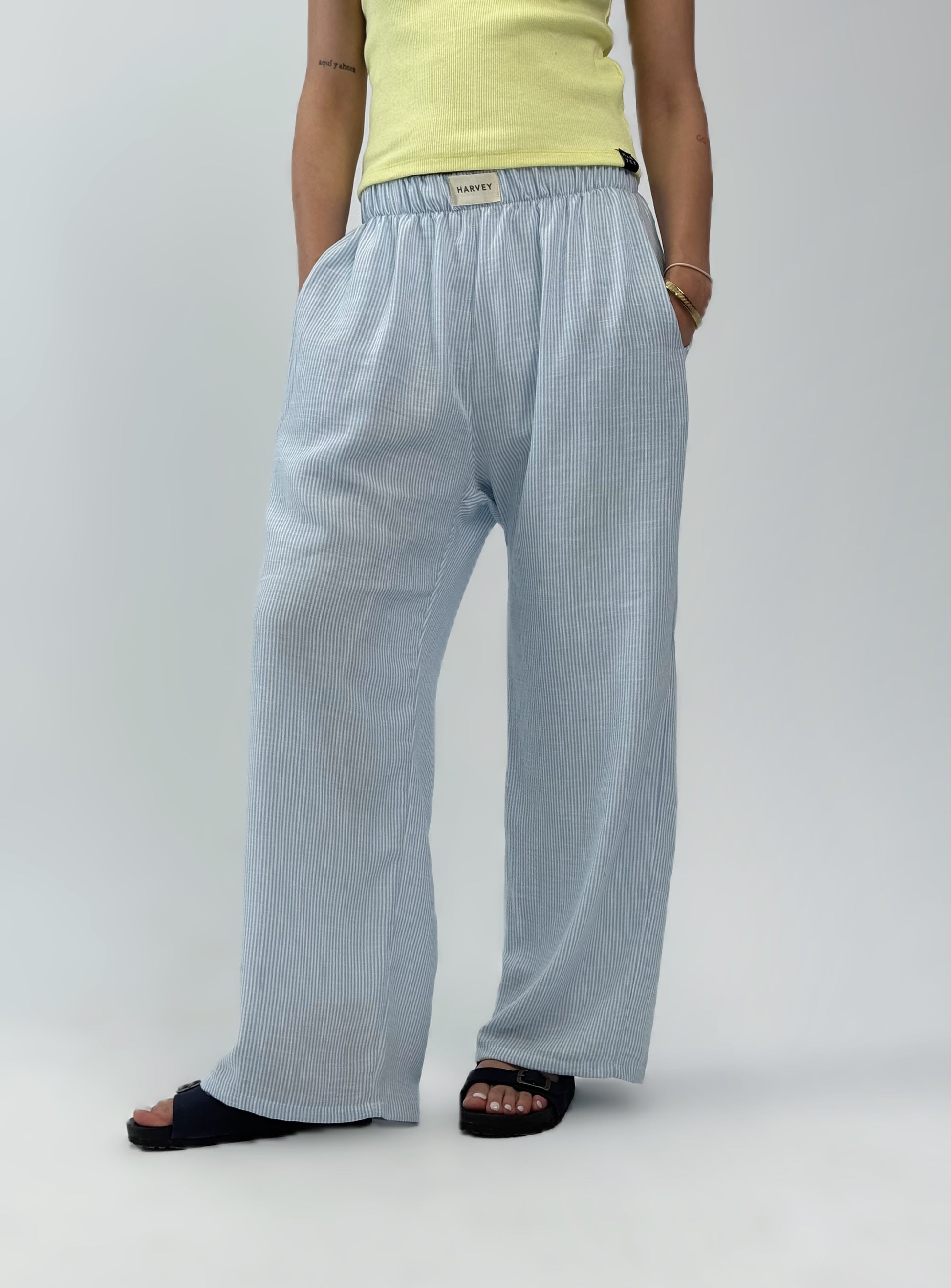 STRIPPED LINEN PANTS - BABY BLUE