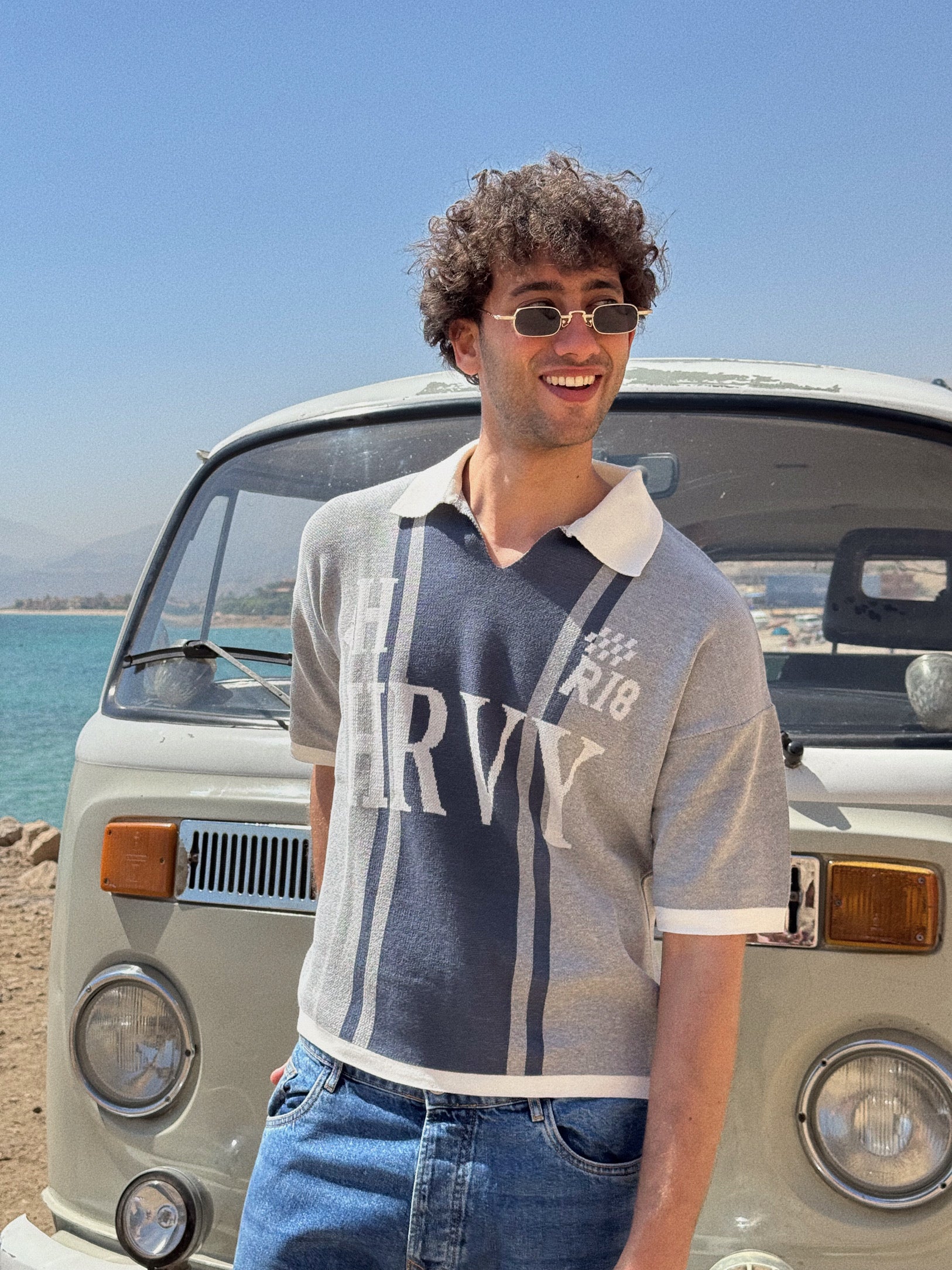KNIT POLO TEE -SILVER x PETROLEUM