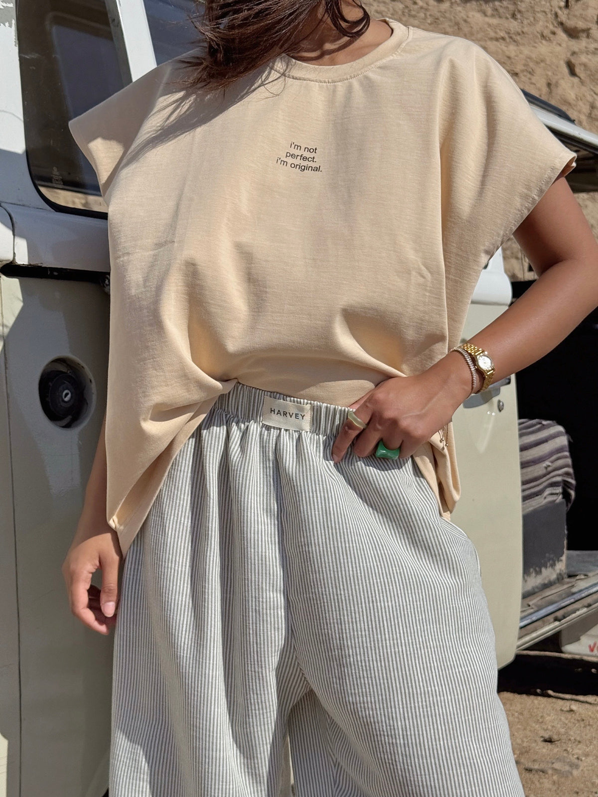 STRIPPED LINEN PANTS - OLIVE