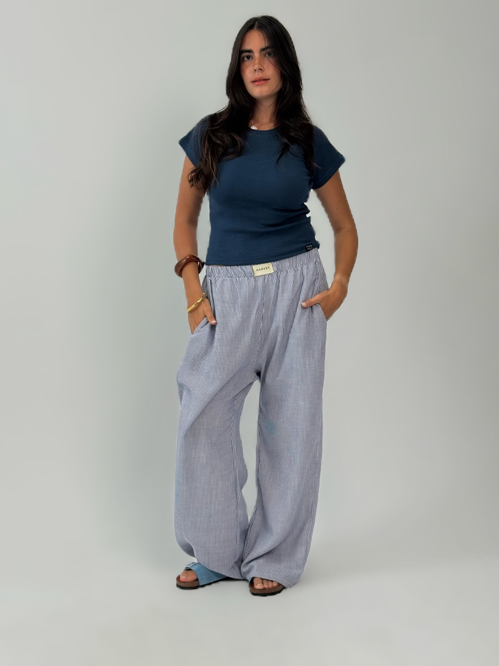 STRIPPED LINEN PANTS - BLUE