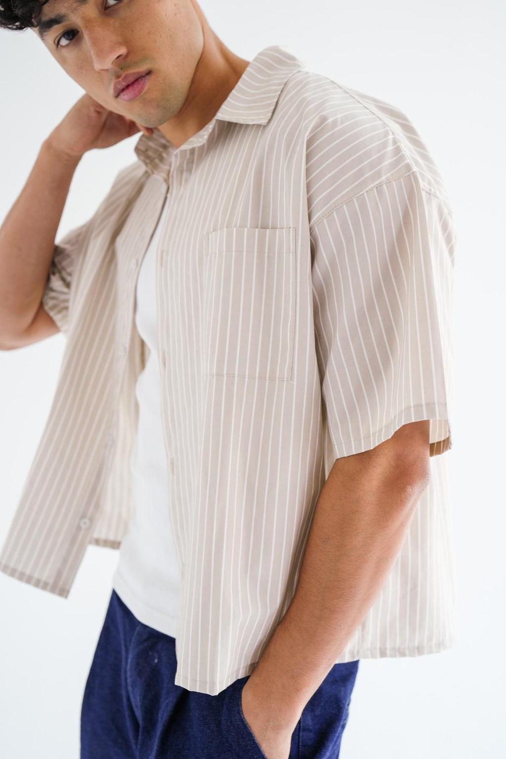 BEIGE BOXY STRIPED SHIRT