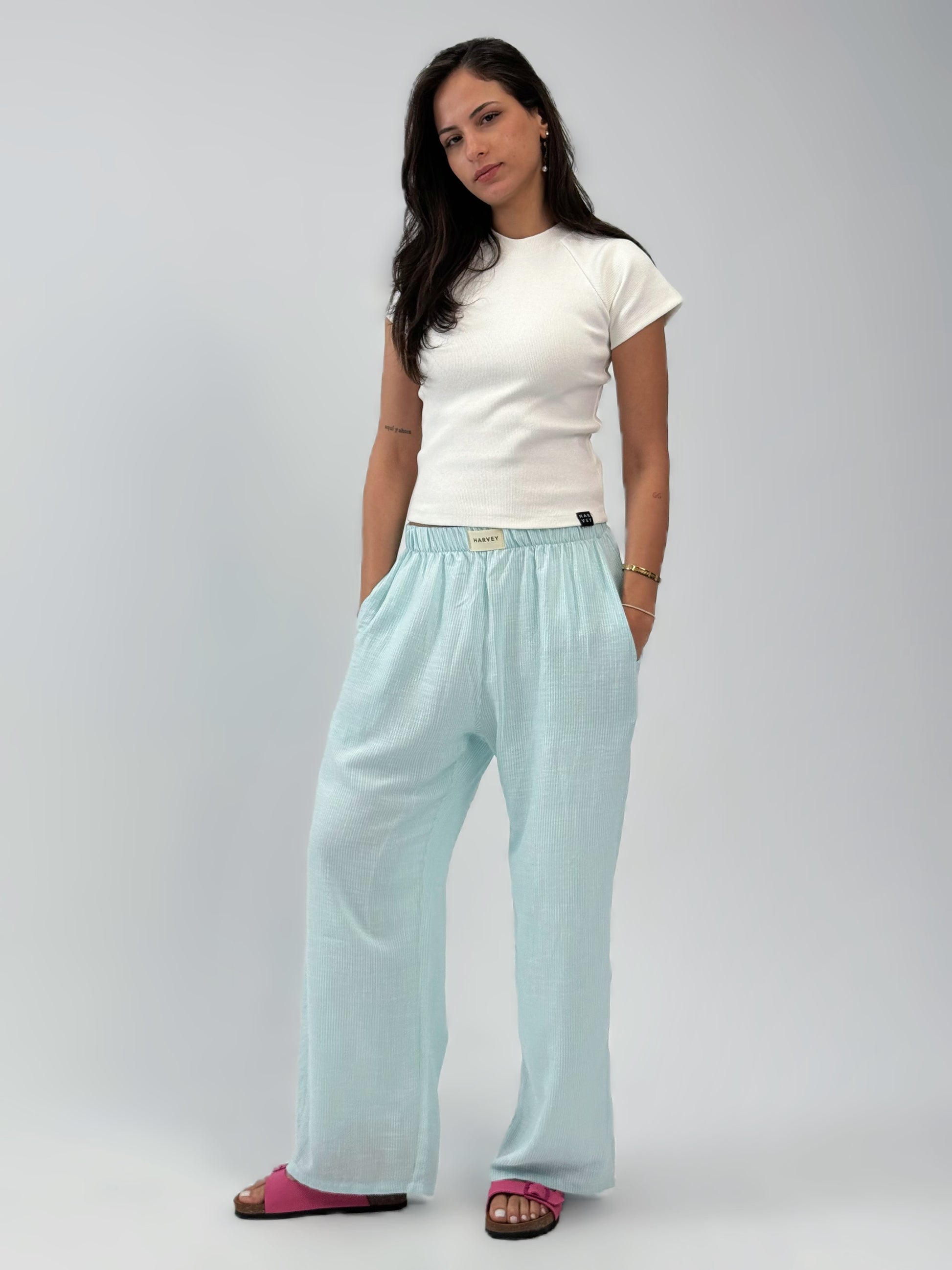 STRIPPED LINEN PANTS - TURQUOISE