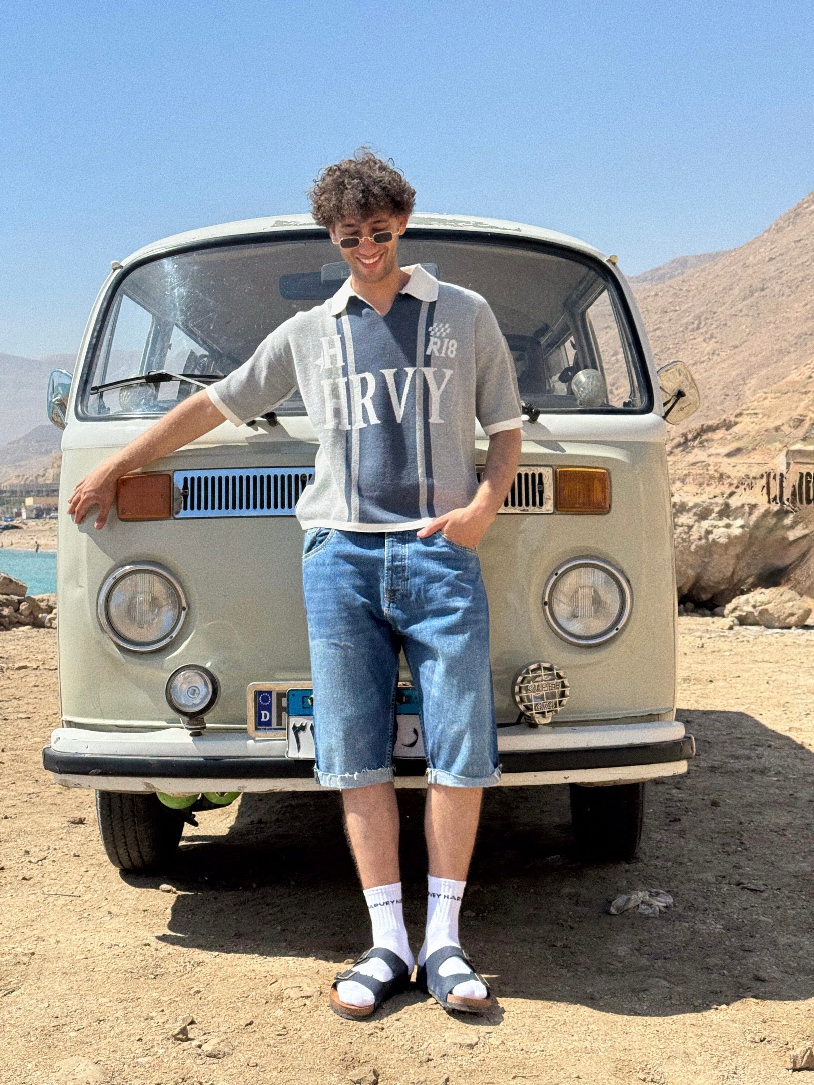 KNIT POLO TEE -SILVER x PETROLEUM