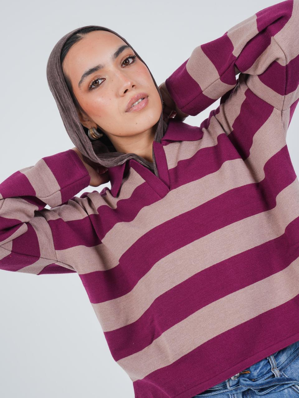SOFT STRIPE PULLOVER - MAROON