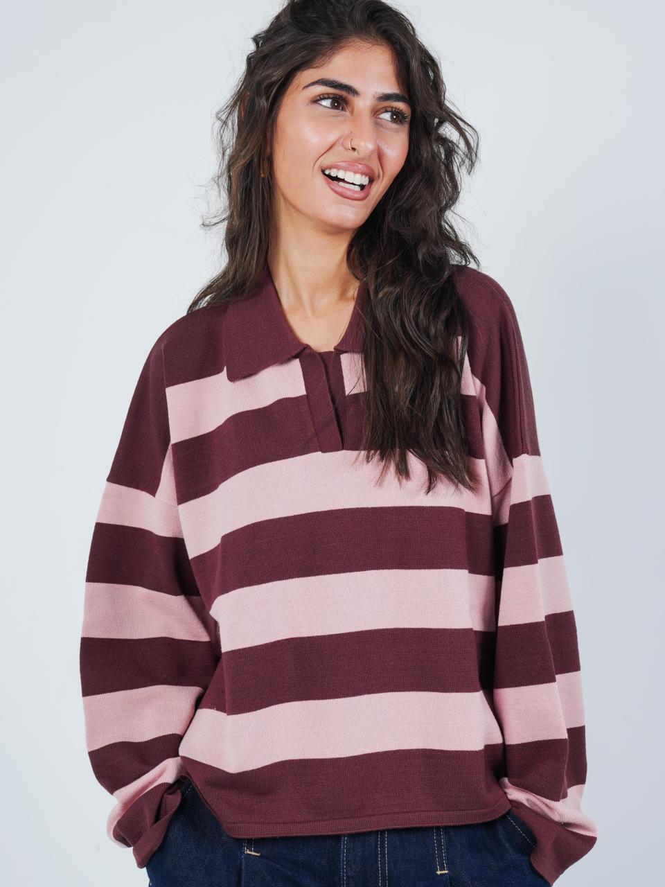 SOFT STRIPE PULLOVER - PULM BROWN