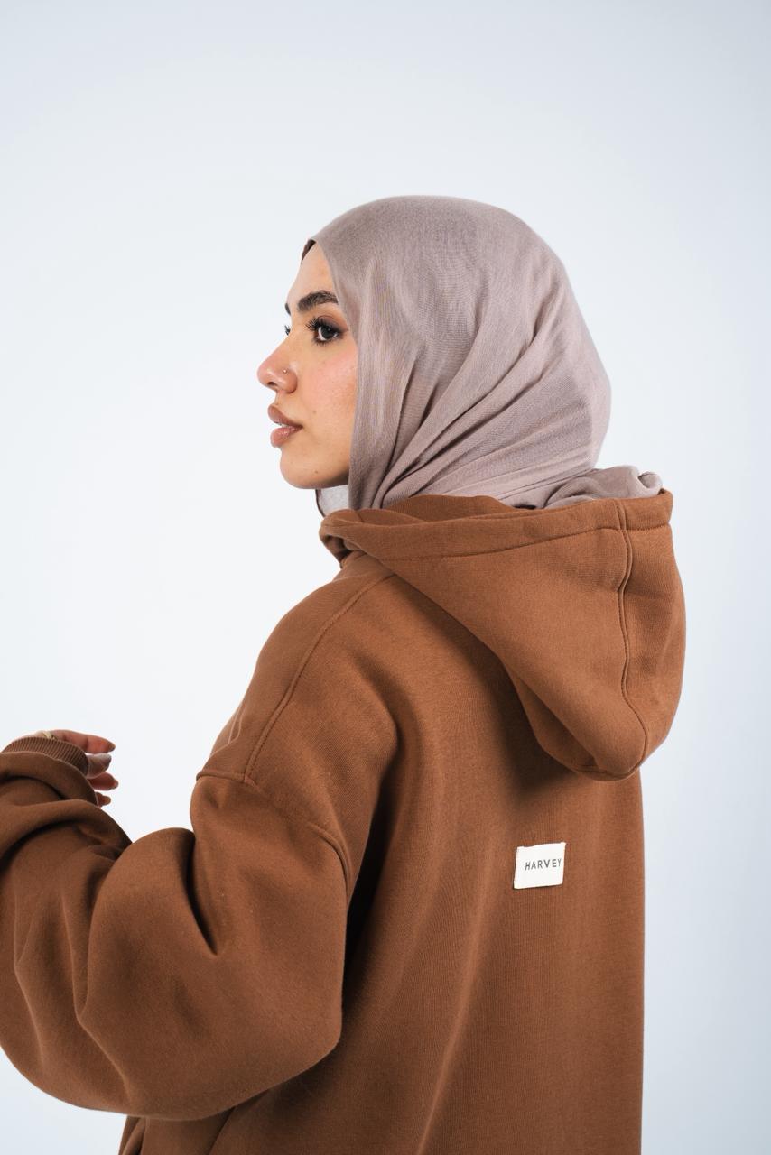 HOODIE DRESS WITH ZIPPER - CARAMEL BROWN