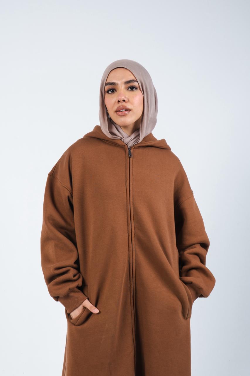 HOODIE DRESS WITH ZIPPER - CARAMEL BROWN